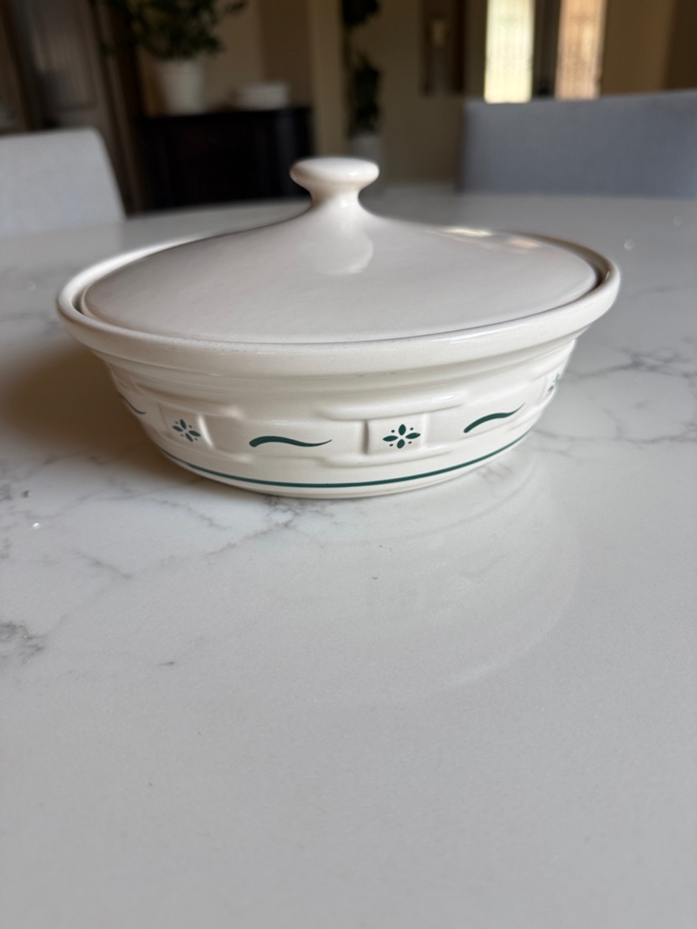 Longaberger woven traditions  small covered casserole dish with green accents